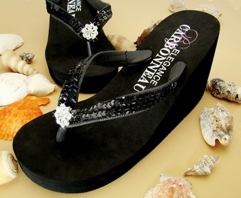 Breeze ~ Black High Wedge Flip Flops