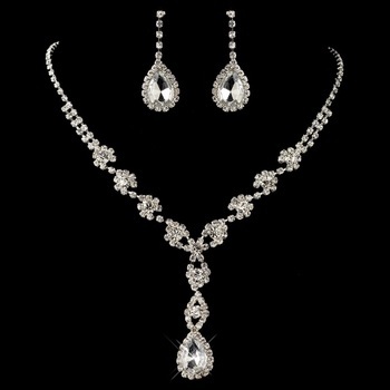 Silver Clear Rhinestone Flower Drop Jewelry Set