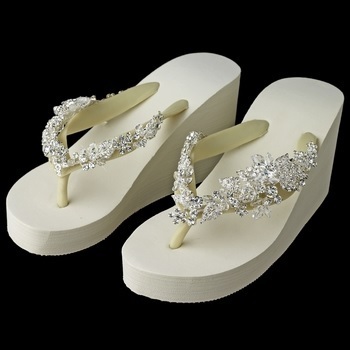 Floral Vine High Wedge Flip Flops with Crystal Accents