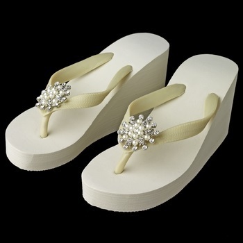 Flower Rhinestone & Pearl High Wedge Flip Flops