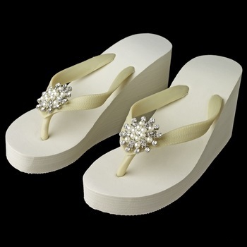 Flower Rhinestone &amp; Pearl High Wedge Flip Flops