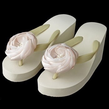 Rum Flower High Wedge Flip Flops with Rhinestone &amp; Pearl