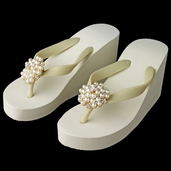 Gold Flower Cluster Rhinestone &amp; Pearl High Wedge Flip Flops