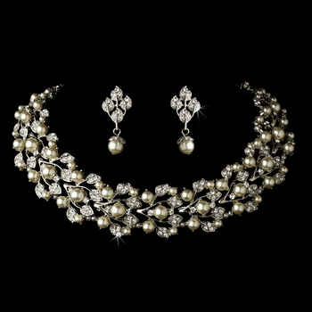 Silver Diamond White Necklace &amp; Earrings Jewelry Set