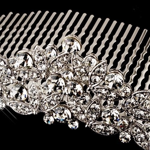 Antique Silver Clear Rhinestone Floral Comb