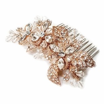 Rose Gold Clear Rhinestone &amp; Crystal Flower Hair Comb