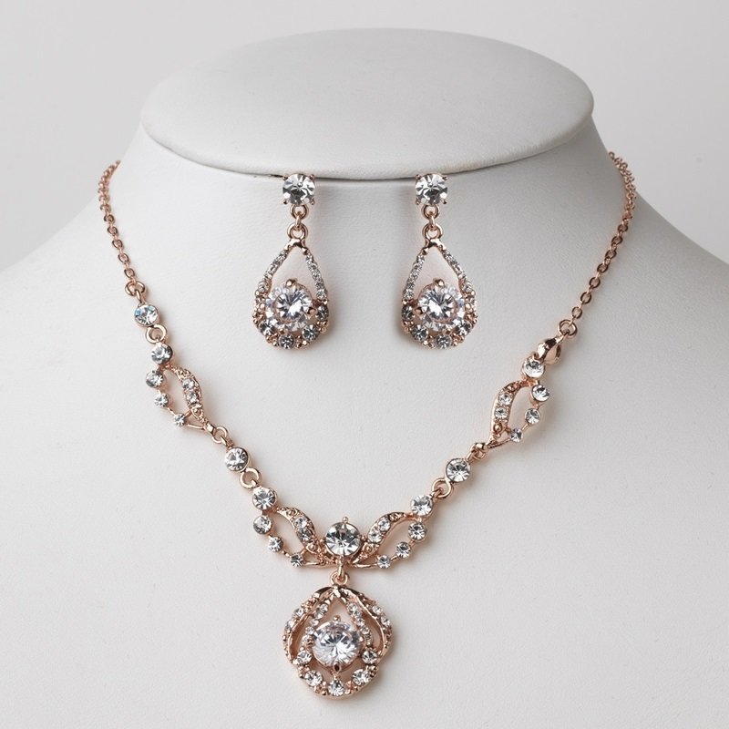 Rose Gold Clear Rhinestone Drop Jewelry Set