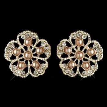 Rose Gold Champagne Pearl & Rhinestone Flower Stud Earring