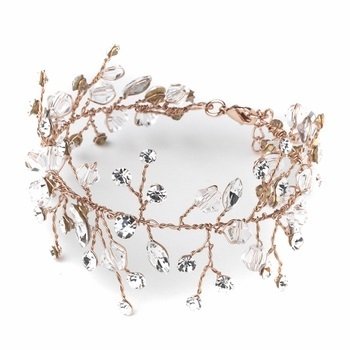 Rose Gold Crystal Vine Leaf Bridal Wedding Bracelet
