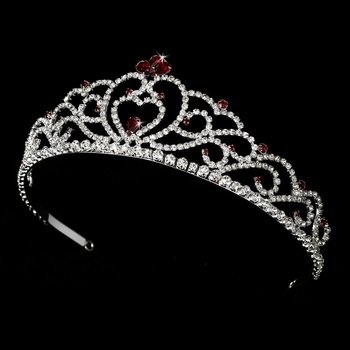 Regal Rhinestone Heart Princess Tiara in Silver with Red Accents