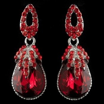 Antique Silver Red Rhinestone Teardrop Dangle Earrings