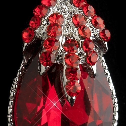 Antique Silver Red Rhinestone Teardrop Dangle Earrings