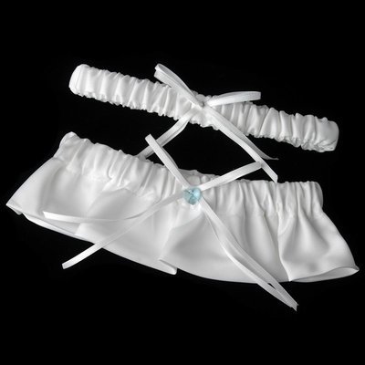 White Matte Satin with Blue Swarovski Heart Crystal Garter Set