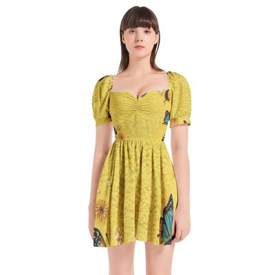 PUFF SLEEVE SWEETHEART NECK SHORT DRESS