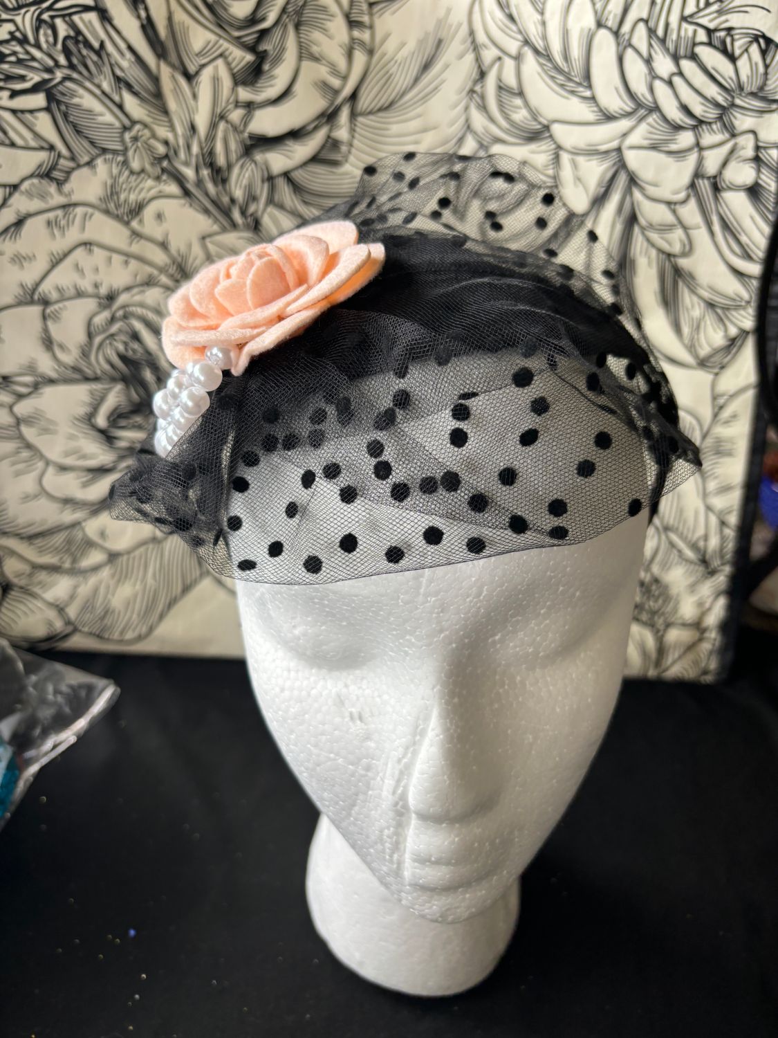 Black dot tulle peach flower with pearls
