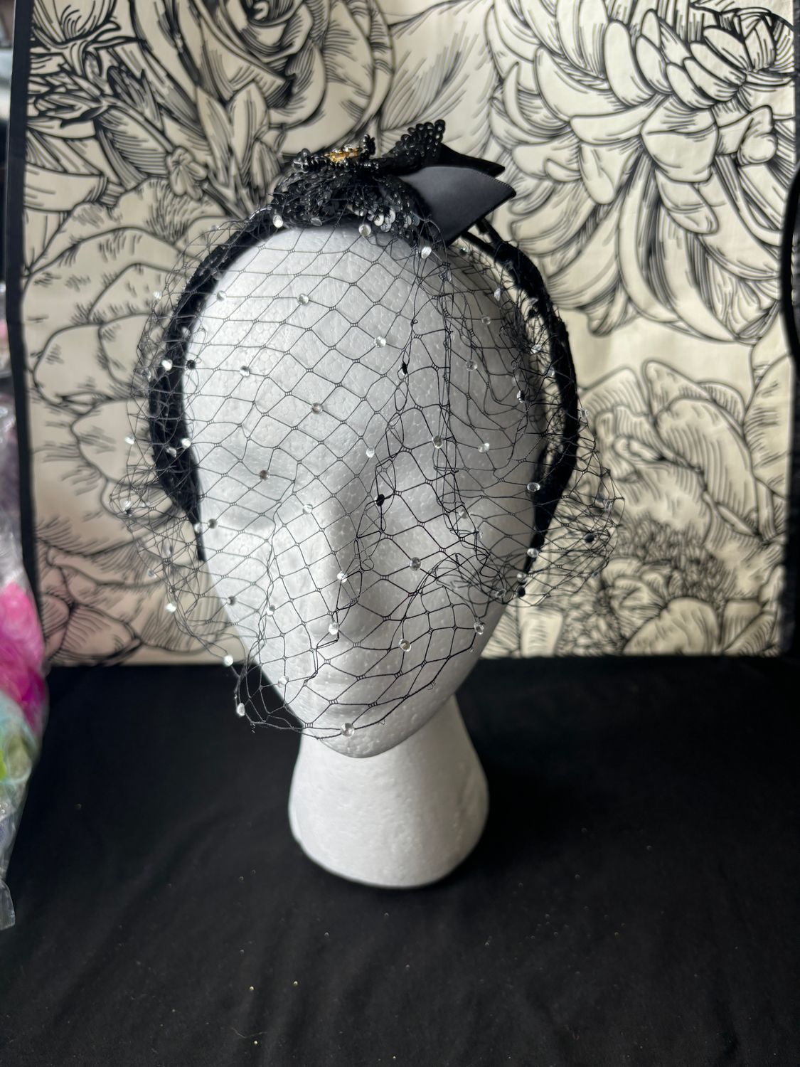 Black cage black sequin flower on black band