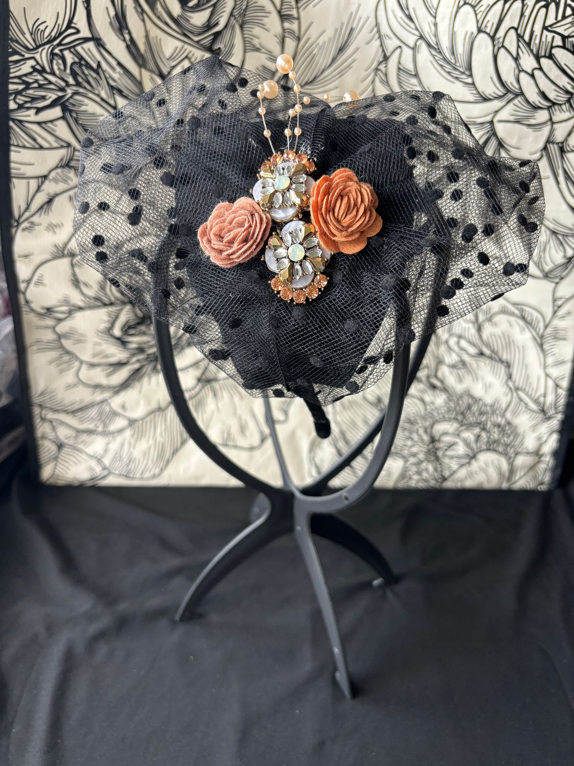 Black dot tulle metal gem and brown flowers