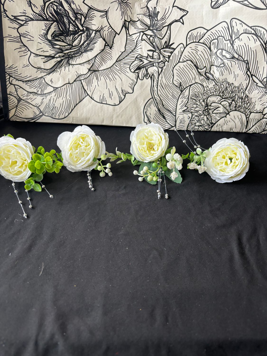 White Flowers with Black Satin Base