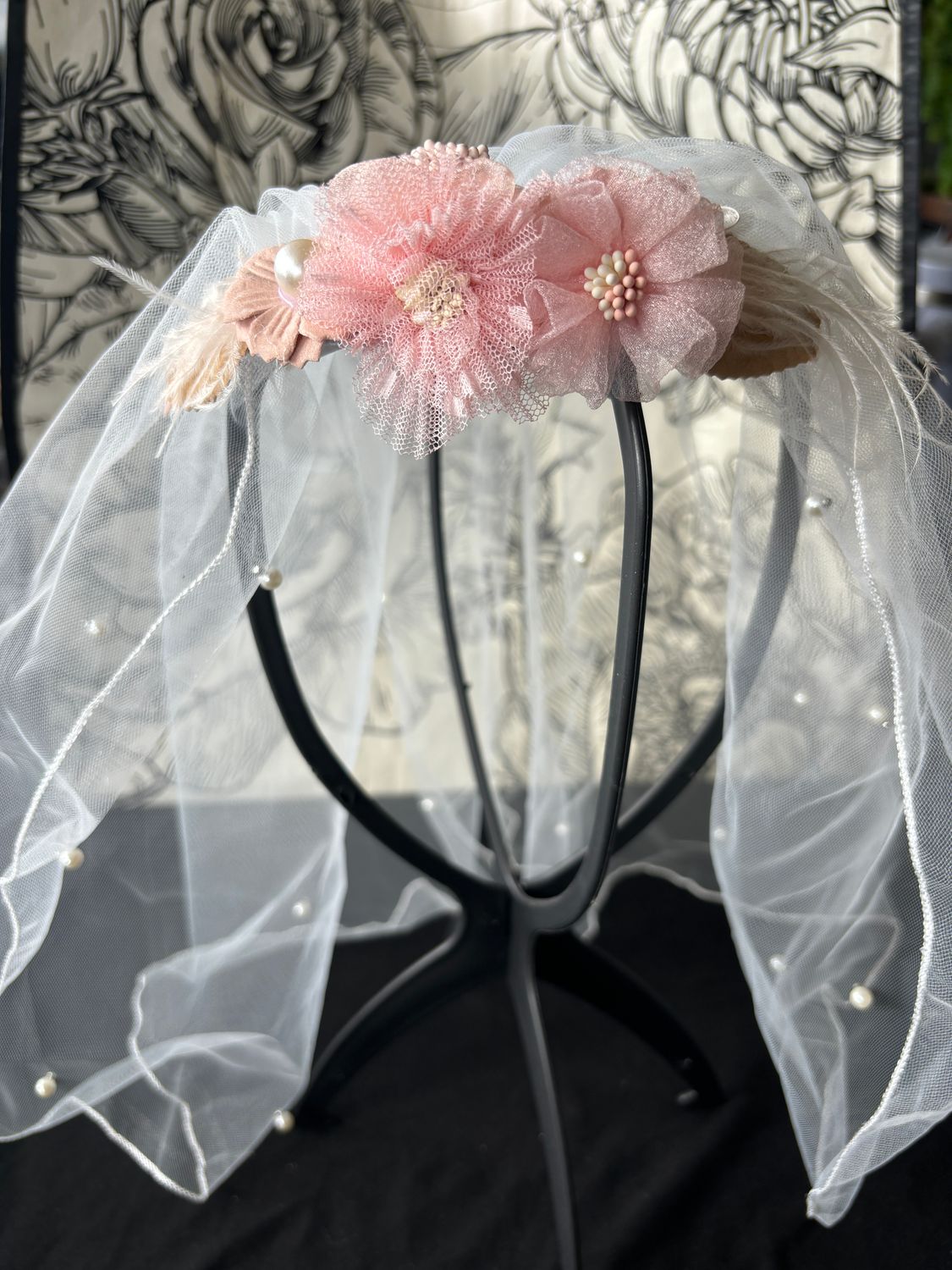 Pink and white pearl veil