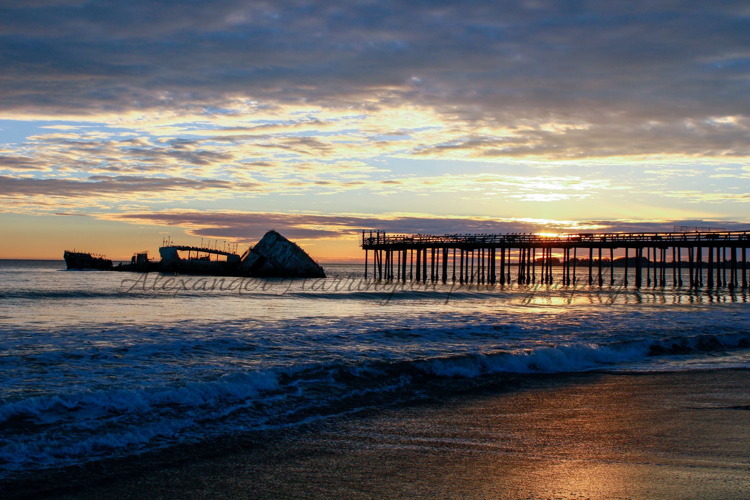 USS Palo Alto with pier at sunset, cool color, wide angle