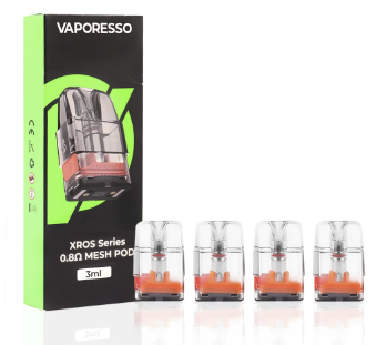 VAPORESSO XROS Replacement Pods (4pcs), Type: 0.8 ohm Mesh Pod 3ml Side-Fill (4pk)