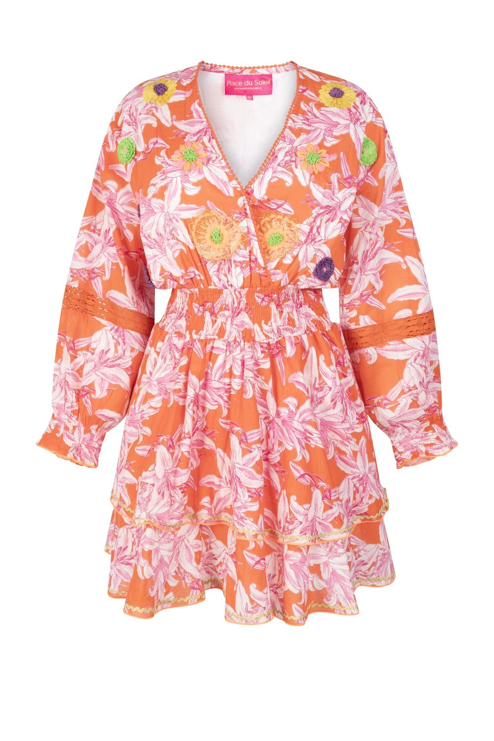 ORANGE WHITE LELIES DRESS SHORT