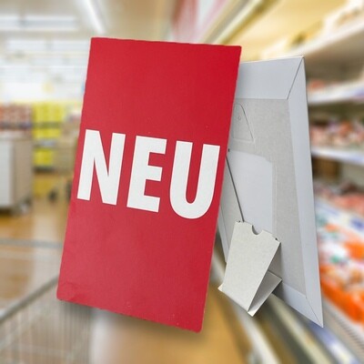 Leichtplakat auf Verkaufstheke im Supermarkt