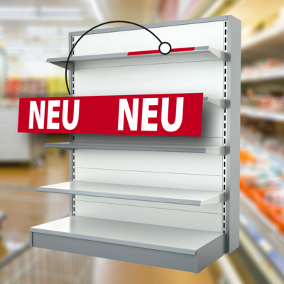 Einstecker im Regal für Produktinformationen und Angebotshinweise