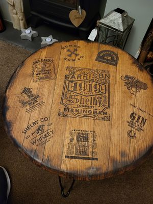 Whiskey Barrel Lid side table, engraved as requested, waxed and with folding iron pin legs