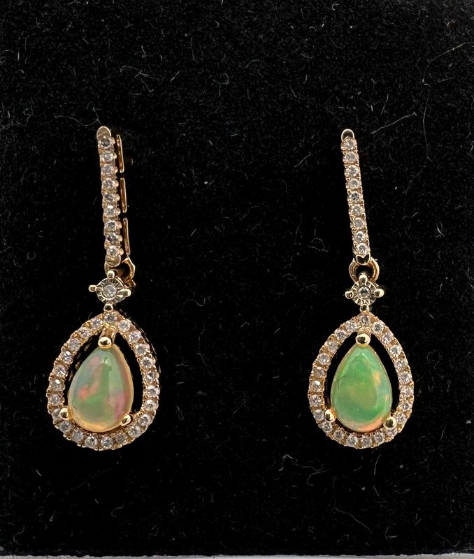 14K Yellow Gold Pear Shape Opal w/ .20ctw Diamond Halo Dangle Earrings