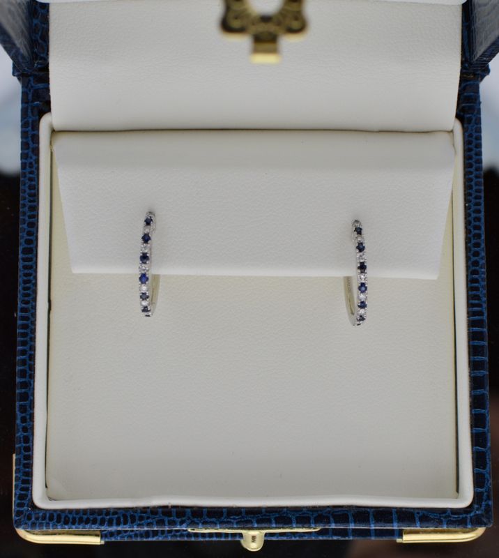 14K White Gold .17ctw Diamond Sapphire  1/2" Huggies Earrings