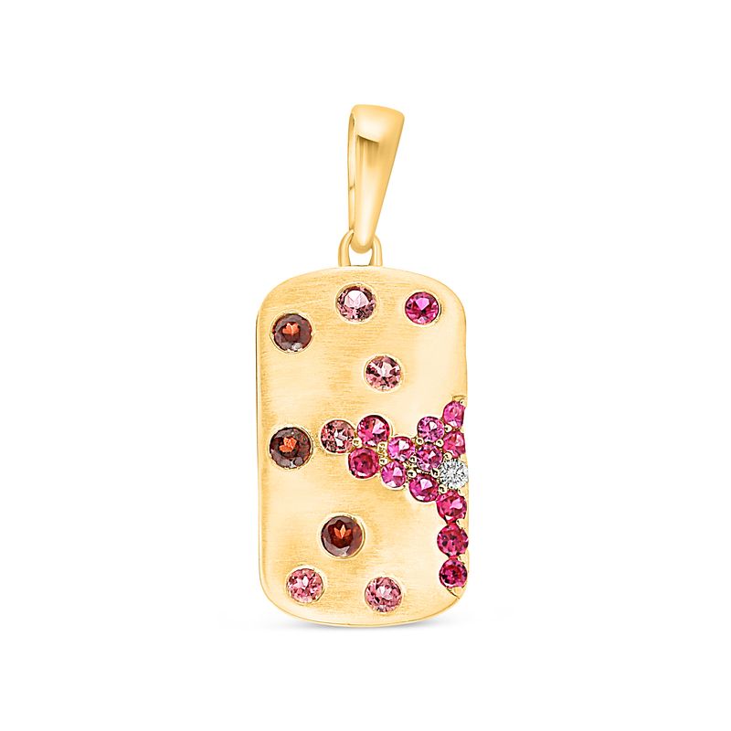 14K Yellow Gold Petite Tag Pendant w/ Mixed Red &amp; Pink Sapphires Pavé Set