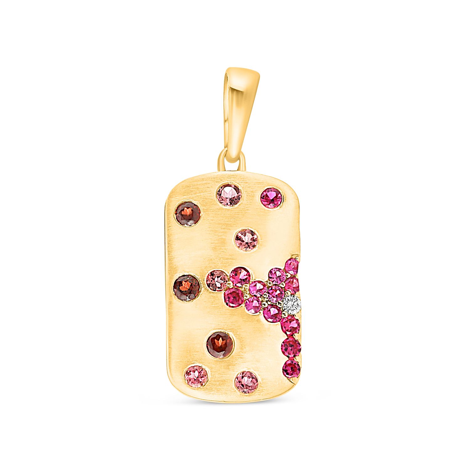 14K Yellow Gold Petite Tag Pendant w/ Mixed Red &amp; Pink Sapphires Pavé Set