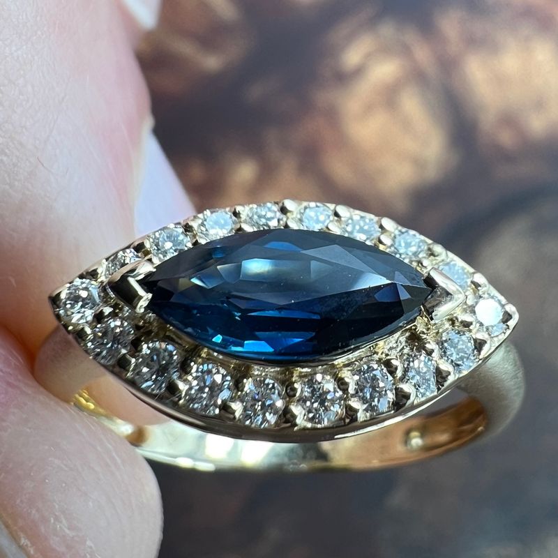 14K Yellow Gold East/West Marquise Shape Blue Sapphire Ring w/ Diamond Halo