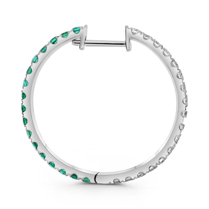 14K White Gold .90ctw Emerald &amp; .90ctw Diamond Dual 1" Hoop Earrings