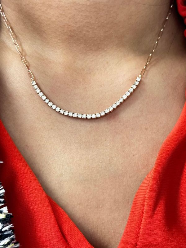14K Yellow Gold 1.53ctw Diamond Tennis Necklace on Paperclip Chain 16&quot;