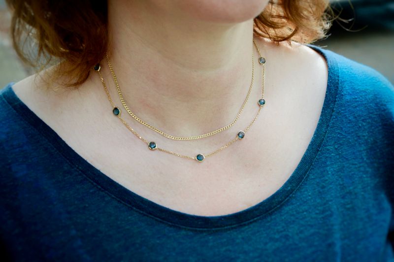 14K Yellow Gold  7ctw London Blue Topaz Bezel Station Necklace 18&quot;