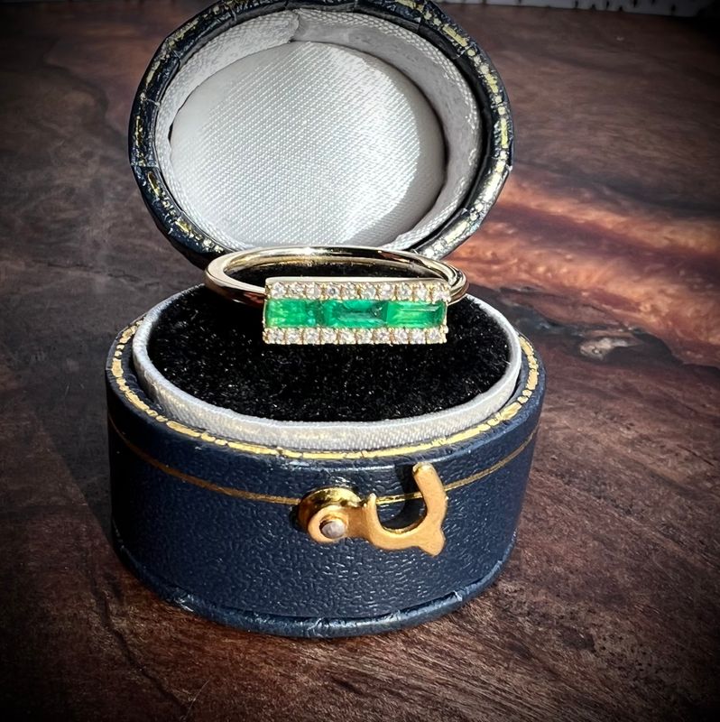 14K Yellow Gold .30ctw Emerald &amp; .10ctw Diamond Bar Ring