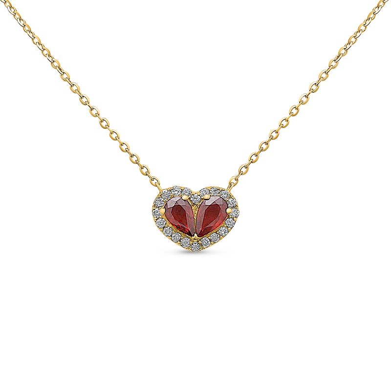 14K Yellow Gold Pear Shape Ruby Heart w/ .11ctw Diamond Halo Necklace