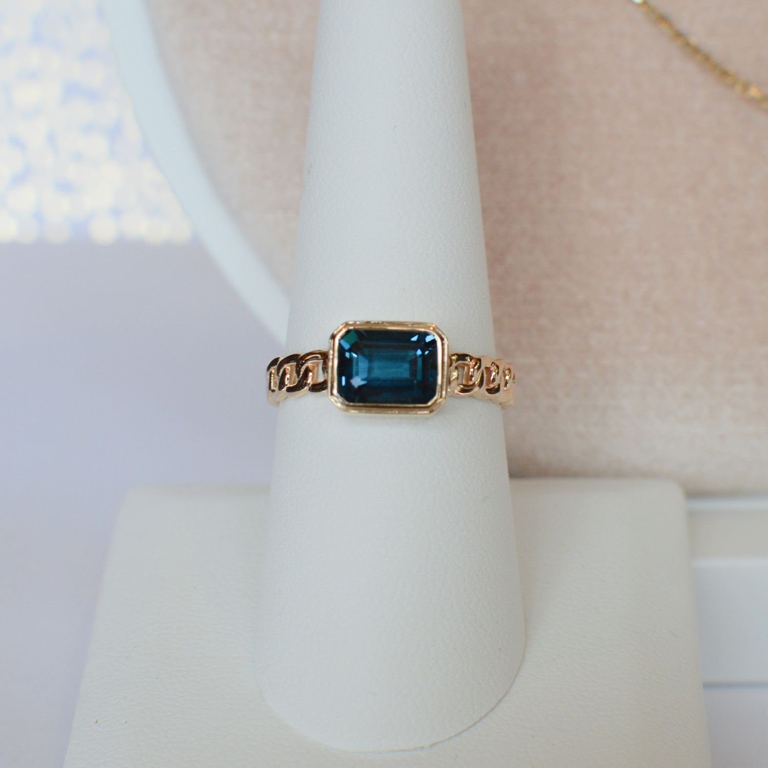 14K Yellow Gold Custom Emerald Cut London Blue Topaz in Bezel on Chain Ring