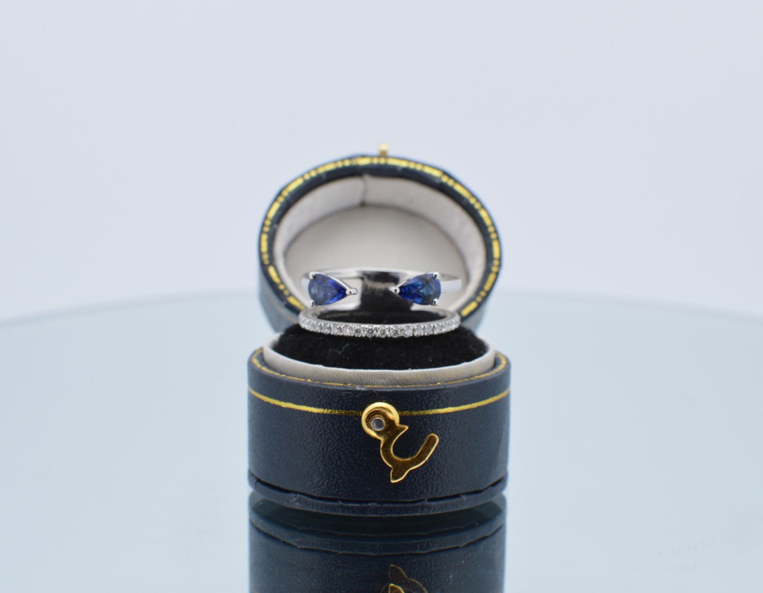 14K White Gold Diamond Band &amp; Pear Shape Sapphire Open Style Ring