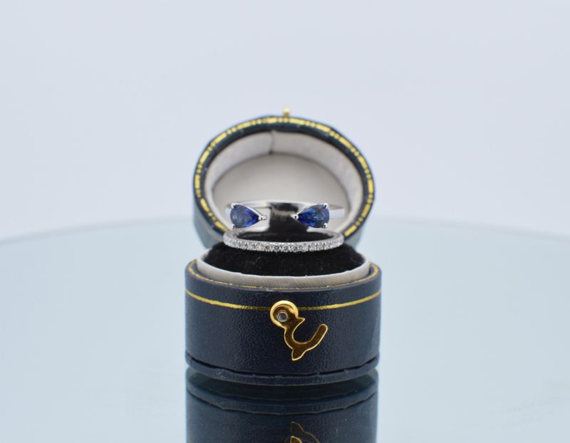 14K White Gold Diamond Band &amp; Pear Shape Sapphire Open Style Ring