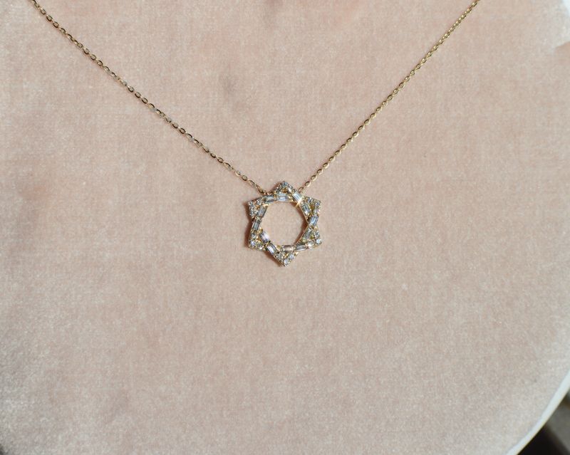 14K Yellow Gold .38ctw Round &amp; Baguette Diamond Star of David Necklace
