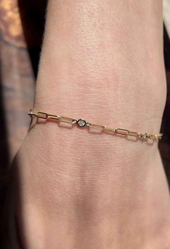 14K Yellow Gold Paperclip Diamond Bezel Station  Bracelet .25ctw