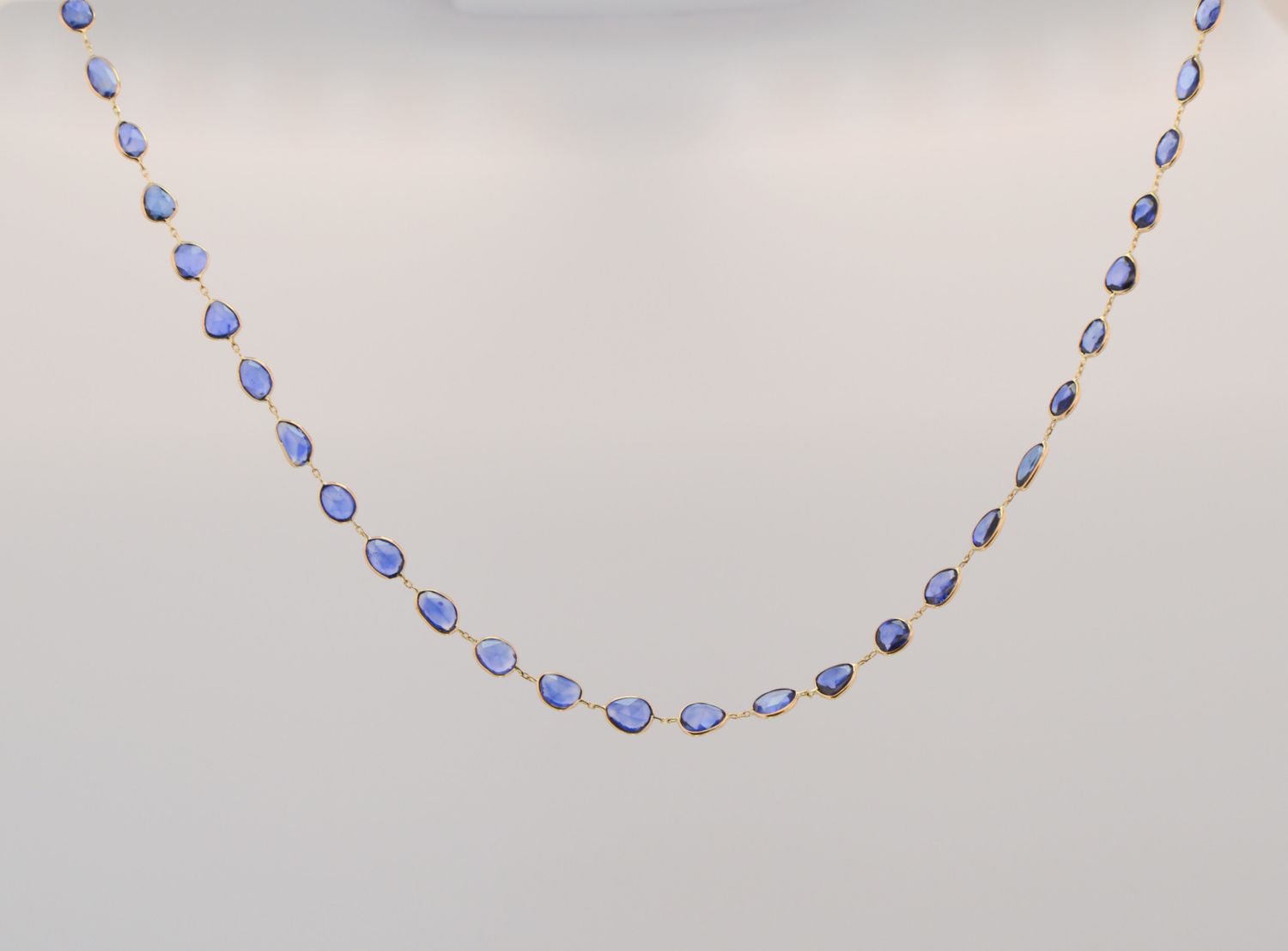 14K Yellow Gold Various Shape Blue Sapphire Slice Necklace 16cts 18&quot; Adj Chain