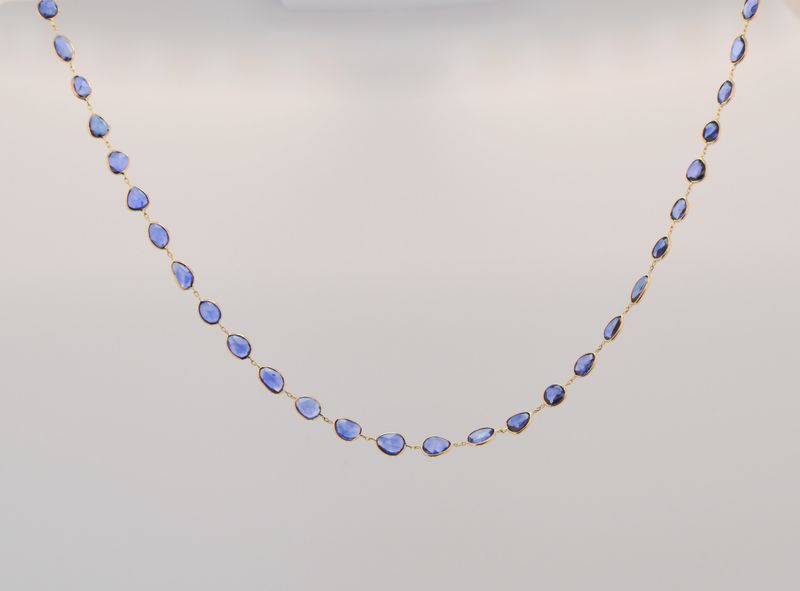14K Yellow Gold Various Shape Blue Sapphire Slice Necklace 16cts 18" Adj Chain
