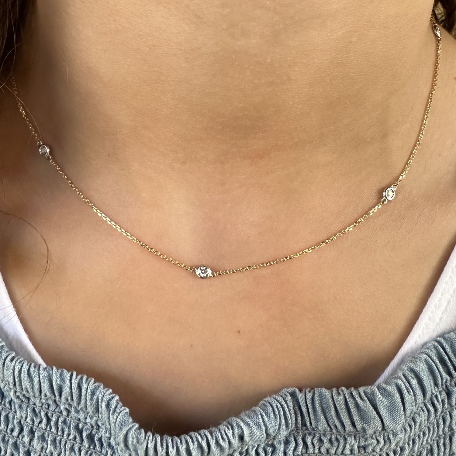 14k 0.25ctw Diamonds in White Gold Bezel Stations on Yellow Gold Necklace