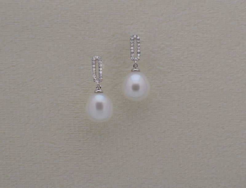 14K White Gold .10ctw Diamond Paperclip Earrings with Pearl Drop