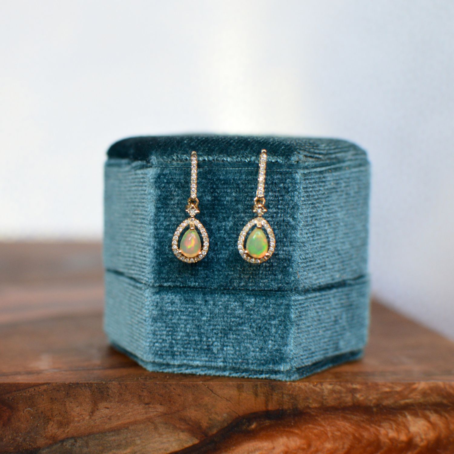 14K Yellow Gold Pear Shape Opal w/ .20ctw Diamond Halo Dangle Earrings