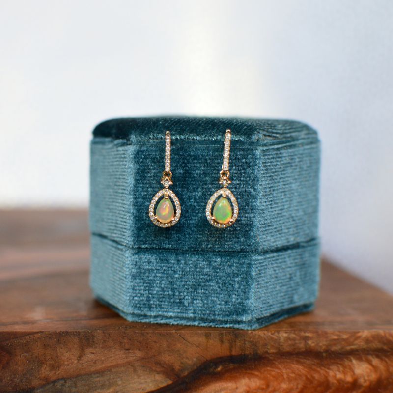 14K Yellow Gold Pear Shape Opal w/ .20ctw Diamond Halo Dangle Earrings